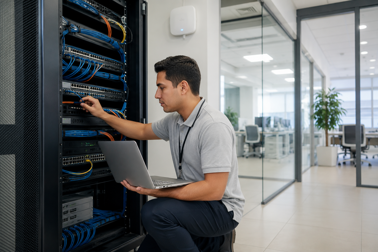 Técnico configurando infraestructura de red corporativa NabaCom